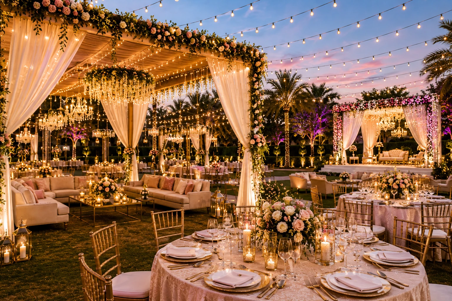 Premium evening event décor featuring chandeliers, floral installations and ambient lighting