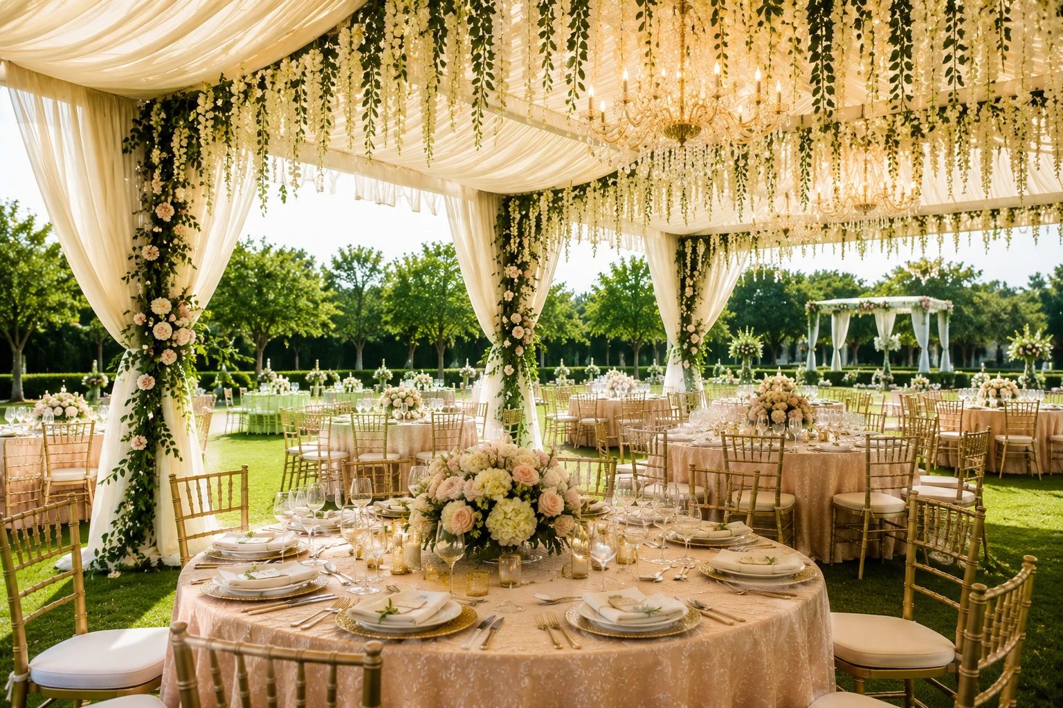 Elegant banquet dining area with floral ceiling décor, chandeliers and premium table arrangements