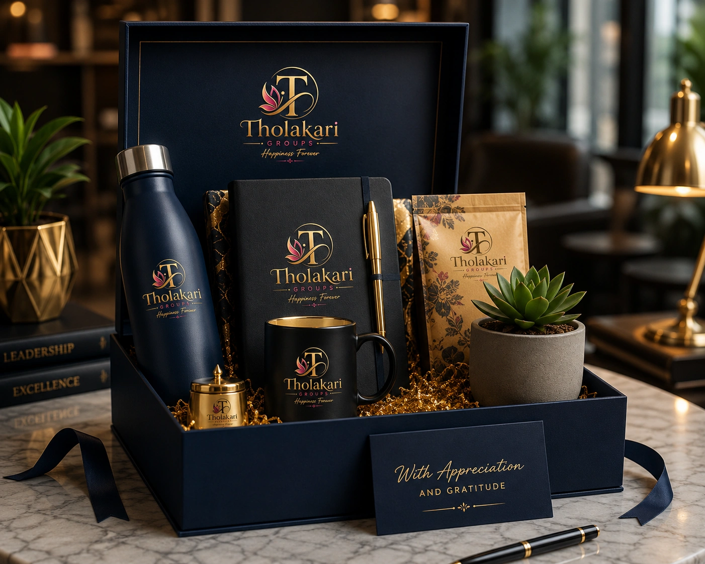 Luxury corporate gift hamper with Tholakari Groups branding