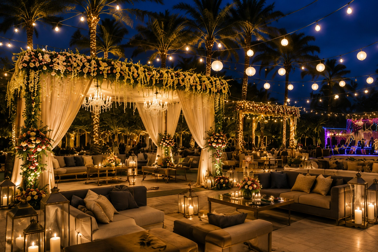 Luxury wedding lounge setup with floral décor and ambient lighting