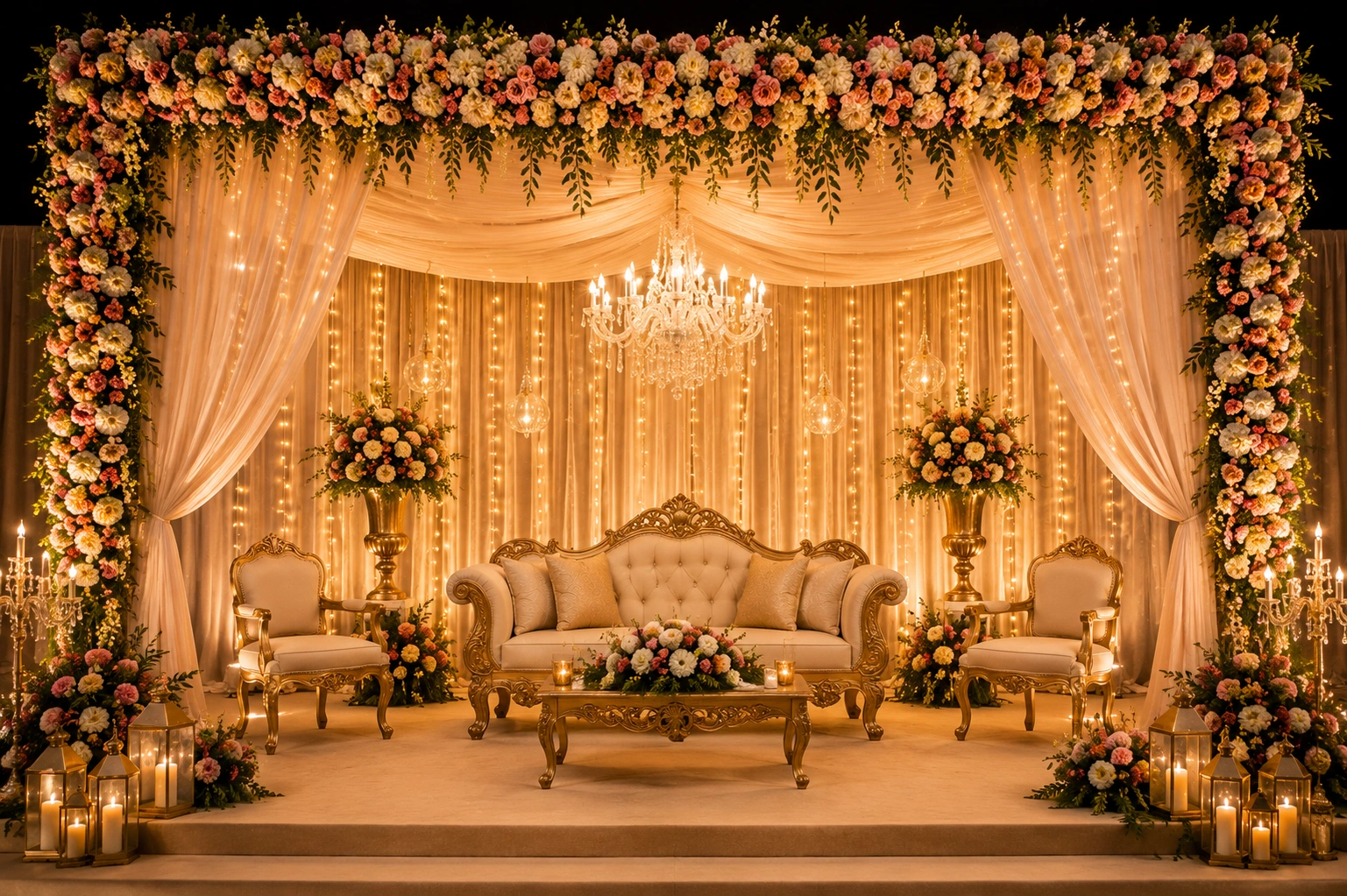 Elegant wedding stage decoration with floral arrangements and chandeliers